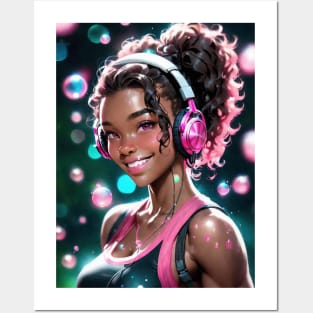 Hot, Sweet Anime Girl of Color with Headphones Posters and Art